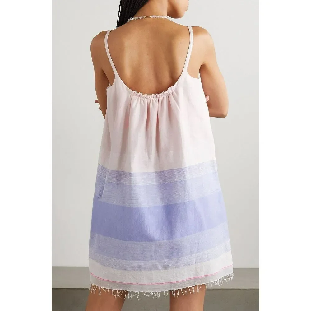 LEMLEM Womens Jelba Fringed Striped Cotton Mini Dress‎ Pastel Pink Size Small
